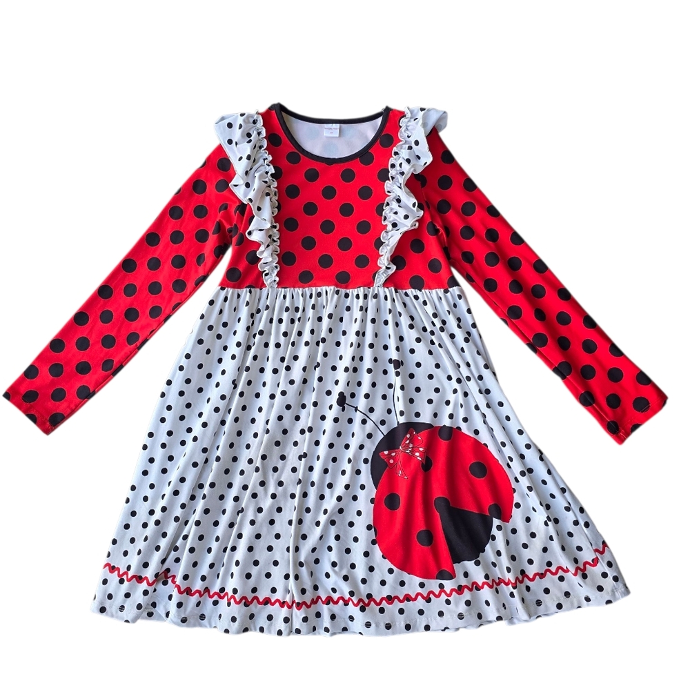 Penelope Plumm Red and White Polka Dot Ladybug Dress Long Sleeve Ruffles Size 12